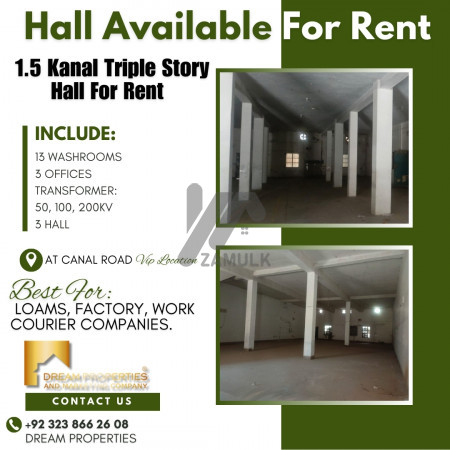 1.5 Kanal Triple Story Hall Available For Rent At Canal Road Faisalabad